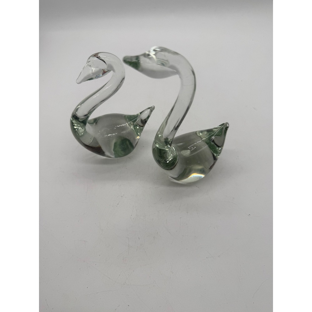Vintage Hand Blown Glass Swan Figurines Clear Green Smoke Set of 2 Paperweights - Picture 2 of 11